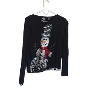 Long Sleeve Black Christmas Sequin Snowman Sweater by Michael Simon